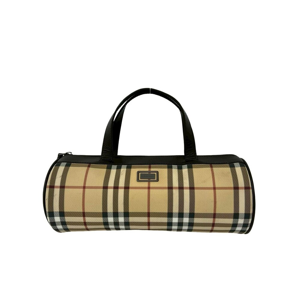 BURBERRY Nova Check Pattern Leather Handbag, Mini Boston Bag, Drum Beige/Brow...